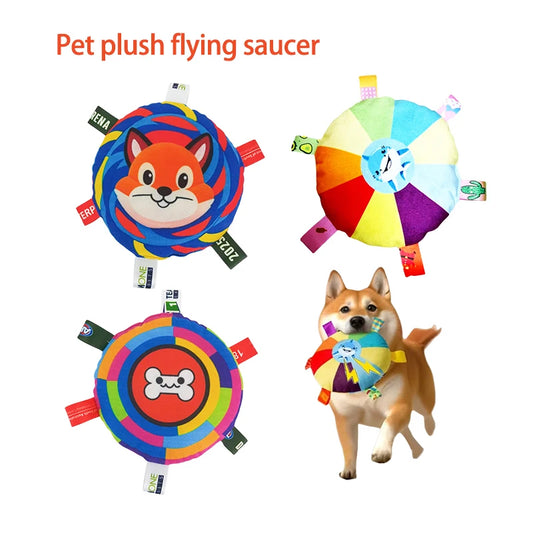 Rainbow UFO Plush Dog Chew Disc – Interactive Flying Saucer Toy with Bell E-SHOP ELEGANTE
