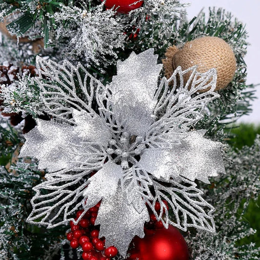 Sparkling Artificial Poinsettia Decorations – 10pcs Glitter Christmas Tree Ornaments for Holiday Décor E-SHOP ELEGANTE
